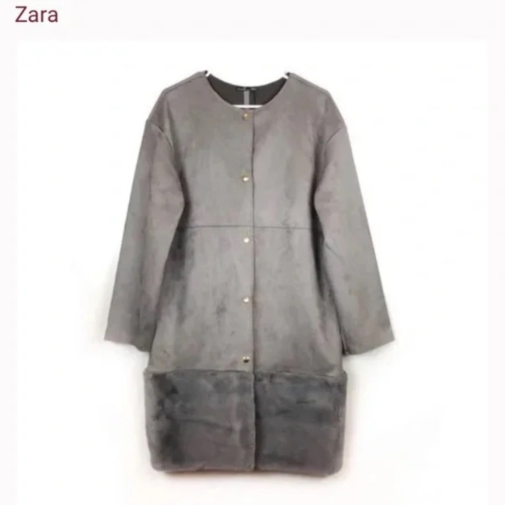 Zara Gray Faux Suede & Fur Contrast Longline Button
Down Jacket